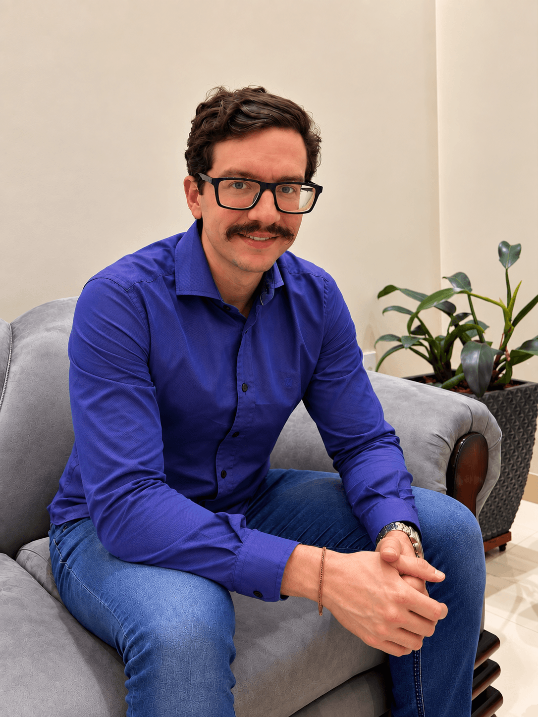 André sentado e inclinado para a frente durante uma conversa no consultório