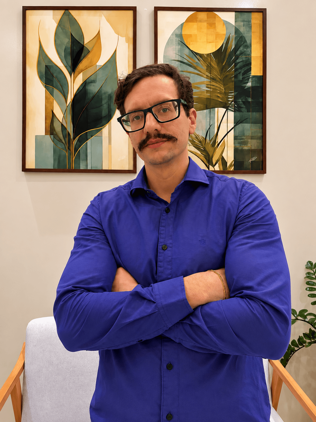 André de braços cruzados diante de dois quadros no consultório
